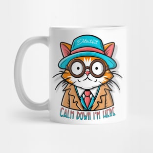 Funyy cat in a hat and glasses with tie. Mug